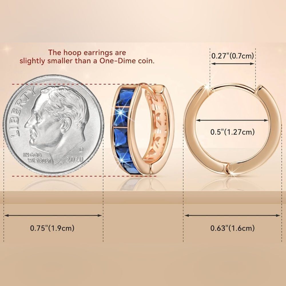 14K Rose Gold with Blue Sapphire Cubic Zirconia Princess Cut Huggie Earrings - Picture 3 of 5